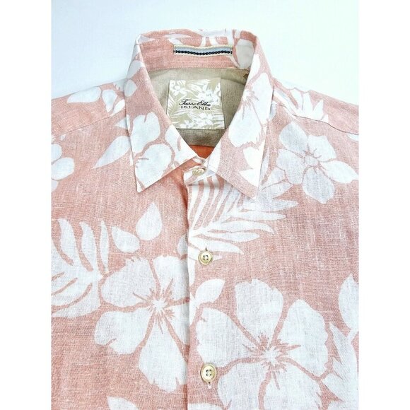 Tasso Elba Island Size Medium Mens Coral White Floral Cotton Linen Blend Shirt - Picture 1 of 10